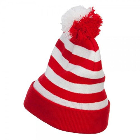 Cameo, Striped Pom Pom Cuff Long Beanie - Red White (fitting up to XL)