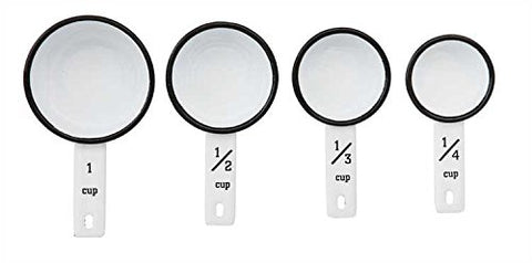 Set of Enameled Tin Measuring Cups in White and Black - 4 Pieces