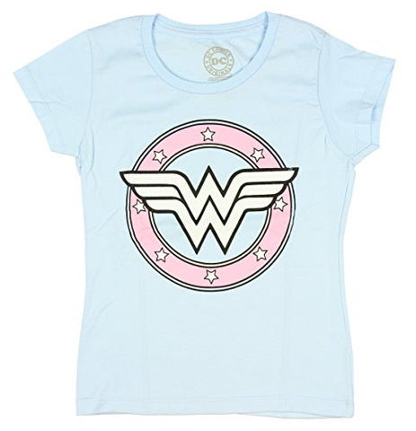 DC Comics Wonder Woman Girls Sugar Glitter Logo Light Blue Tee-XL