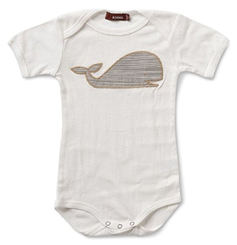 Short Sleeve One Piece, Gray Stripe  Whale- 6-12M