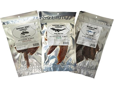 Alligator Jerky - 1.75 oz bag, Mako Shark Jerky - 3 oz bag and Python Jerky - 1.5 oz bag