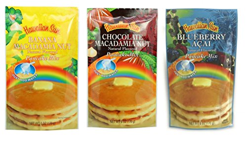 HS Banana Macadamia Nut Pancake Mix - 6 oz, HS Chocolate Macadamia Pancake Mix - 6 oz, and HS Blueberry Acai Pancake Mix - 6 oz.