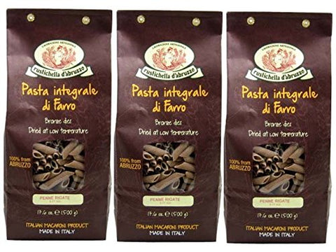Rustichella d'Abruzzo Pasta, Alternative Flour, Farro in Bags, Penne Rigate, 500 gr/1.1 lb