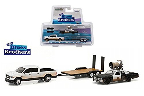 Greenlight 2015 Dodge Ram and 1974 Dodge Monaco "Bluesmobile" on Flatbed Trailer "Blues Brothers" Movie (1980) 1/64 Diecast Model Cars