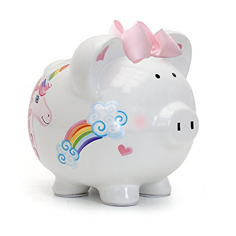 Hand Painted, Unicorns and Rainbows Pig (w/ bow)