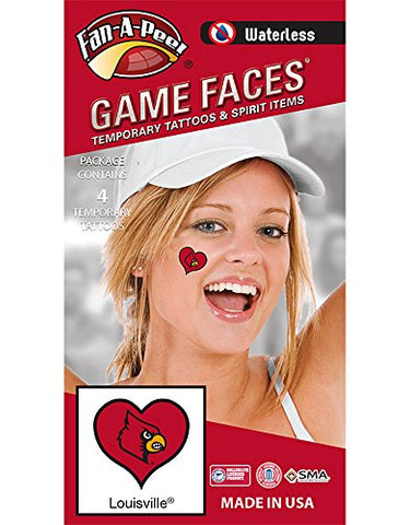 University of Louisville (U of L) Cardinals – Waterless Peel & Stick Temporary Spirit Tattoos – 4-Piece – Louie Bird Head Logo on Red Heart
