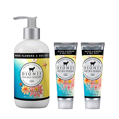 Water Flowers & Sea Salt Lotion, 8.5 oz./ 250 ml (1 pc) and
Water Flowers & Sea Salt Goat Milk Hand Cream, 1.0 oz. tube (2 pcs)