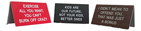 Can’t Burn Off Crazy Large Sign, Size: 2.75"h x 4.5"w and
Kids Are Our Future. Not Your Kids, Better Ones, Size: 2.75"h x 4.5"w x 2.25"d and
That’s Just a Bonus Large Sign, Size: 2.75"h x 4.5"w