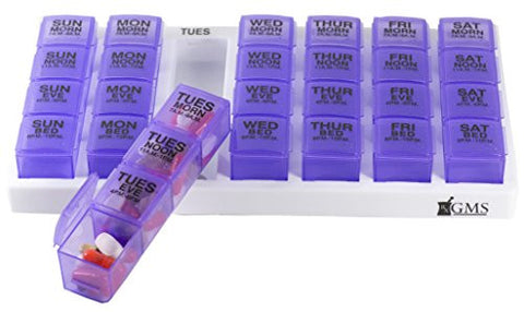 GMS Weekly 4x per Day Pill Organizer slated tray, White tray with translucent purple pill containers