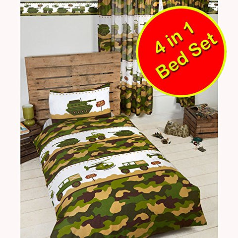 Army Camp Junior Duvet Cover and Pillowcase Set - 120cm x 150cm Pillowcase size: 42cm x 60cm (Khaki Green)