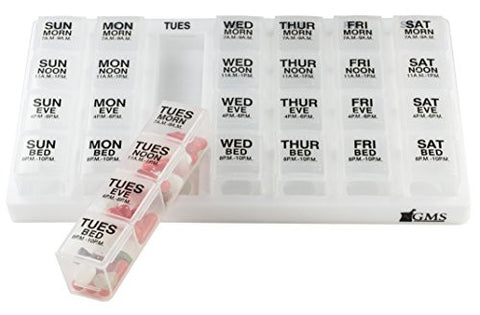 GMS Weekly 4x per Day Pill Organizer slated tray, White tray with clear pill containers