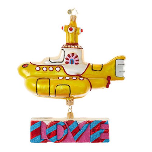 Yellow Submarine with Love, 5.5"/4.5", Glass Christmas Ornament