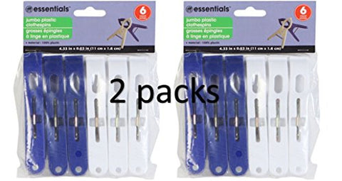 Essentials Jumbo Plastic Clothespins, 6 Count Packs, White and Blue