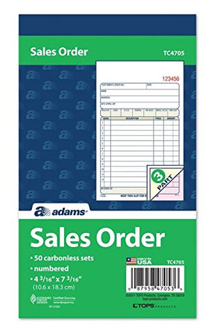 Adams Sales Order Book, 3-Part, Carbonless, 4-3/16" x 7-3/16", 50 Sets/Book