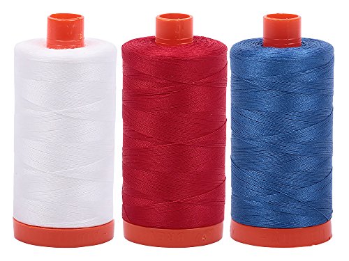 Aurifil- 50wt Cotton 1,422yd, (Natural White, Red and Delft Blue)