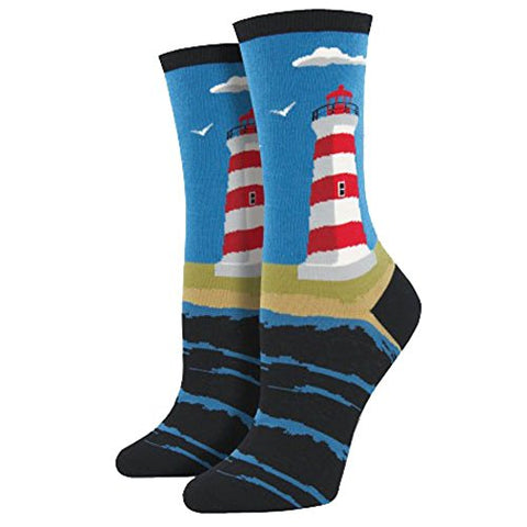 Women's Novelty Crew Lighthouse Socks, Coastal Blue 9-11