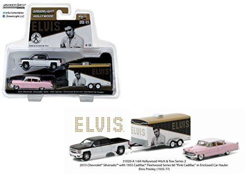 Greenlight 2015 Chevrolet Silverado 1500 and 1955 Cadillac Fleetwood Series 60 "Pink Cadillac" Elvis Presley (1935-77) in Enclosed Car Hauler 1/64 Diecast Model Cars