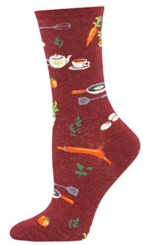 Women's Novelty Crew Country Breakfast Socks, Rust Heather 9-11