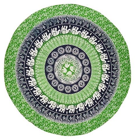 Elephant and Sun Tablecloth 81" Round - Green/Grey