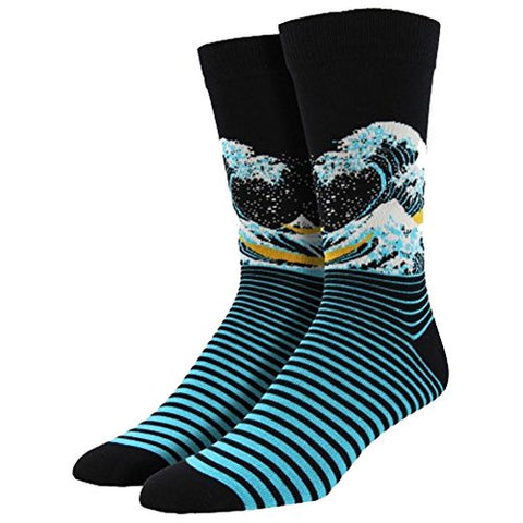 Men's Novelty Bamboo Crew The Wave Socks, Black 10-13