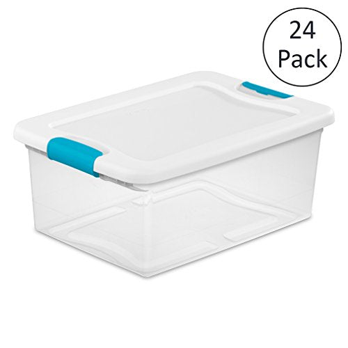 15 Qt. Latching Box, White Lid, Clear Base W/blue Aquarium Latches, 16 1/4" L X 11 1/4" W X 6 3/4" H