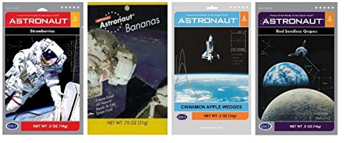 Astronaut Strawberries, 14 g,
Astronaut Bananas, 21 g,
Astronaut Cinnamon Apple Wedges, 14 g and
Astronaut Grapes, Red Seedless. 14 g