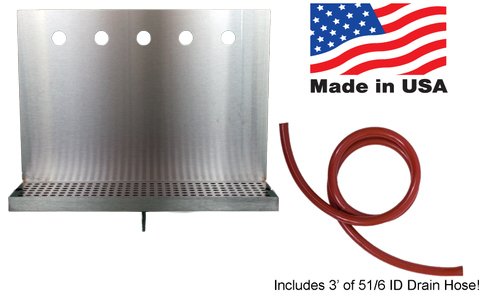 Drip Tray for 5 Faucets with Drain, 18" Wide, Stainless Steel, Includes 3' of 5/16 ID Drain Hose