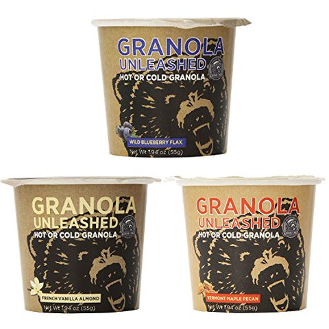 Wild Blueberry Oatmeal Unleashed, 2.3 oz,
French Vanilla Almond Granola Unleashed, 2.15 oz, and
Vermont Maple Pecan Granola Unleashed, 2.15 oz