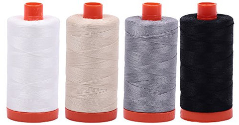Aurifil- 50wt Cotton 1,422yd, (Natural White, Light Beige, Grey and Black)