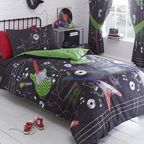 Guitar Rock Single Duvet and Pillowcase (GUI001) - 138cm x 200cm(54in x 78in) Pillowcase size: 50cm x 75cm(18.5in x 29.5in) Black / Green