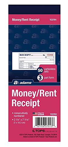 Adams Money/Rent Receipt Book, Carbonless, 3-Part, 50 Sets/Book