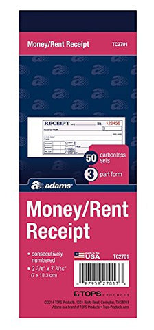 Adams Money/Rent Receipt Book, Carbonless, 3-Part, 50 Sets/Book