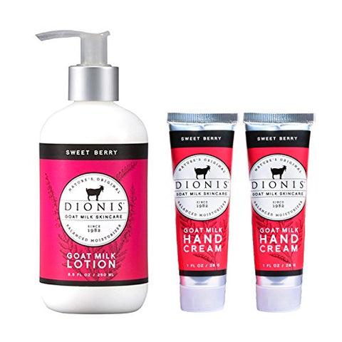 Sweet Berry Goat Milk Lotion, 8.5 oz./ 250 ml (1 pc) and
Sweet Berry Goat Milk Hand Cream, 1.0 oz. tube (2 pcs)