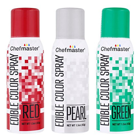 Green Chefmaster Edible Spray Box 6 1.05 Oz, Red Chefmaster Edible Spray Box 6 1.05 Oz And Pearl Chefmaster Edible Spray Box 6 1.05 Oz