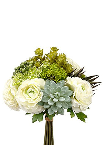 Faux Hydrangea, Rose & Succulent Bouquet in Green and White 12" Tall