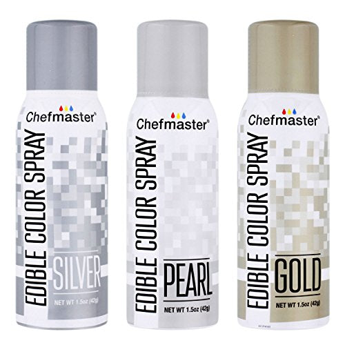 Gold Chefmaster Edible Spray Box 6 1.05 Oz, Silver Chefmaster Edible Spray Box 6 1.05 Oz And Pearl Chefmaster Edible Spray Box 6 1.05 Oz