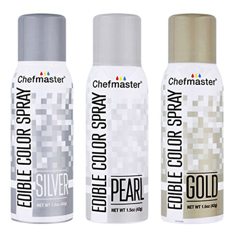 Gold Chefmaster Edible Spray Box 6 1.05 Oz, Silver Chefmaster Edible Spray Box 6 1.05 Oz And Pearl Chefmaster Edible Spray Box 6 1.05 Oz