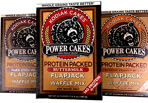 Kodiak Power Cakes Crunchy Peanut Butter Flapjack & Waffle Mix, 18 oz, 
Kodiak Power Cakes Dark Chocolate Flapjack & Waffle Mix , 18 oz and
Kodiak Cakes Power Cakes Buttermilk Flapjack & Waffle Mix, 20 oz