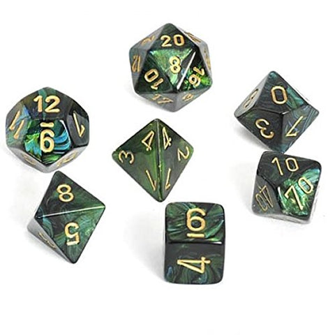 Polyhedral 7-Die Scarab Chessex Dice Set - Jade with Gold