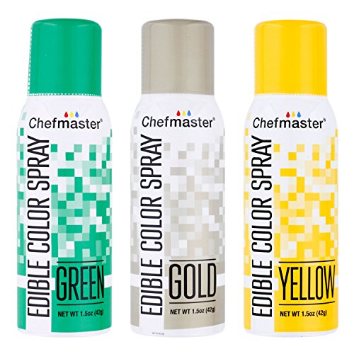 Green Chefmaster Edible Spray Box 6 1.05 Oz, Gold Chefmaster Edible Spray Box 6 1.05 Oz And Yellow Chefmaster Edible Spray Box 6 1.05 Oz