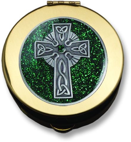 1/2 X 1 1/2 Celtic Cross Pyx Gold With Pewter Motif & Green Epoxy
