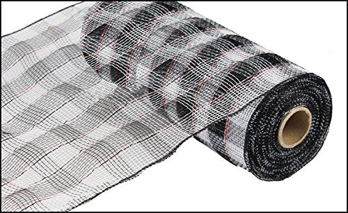 10"X10yd Plaid Mesh -
 White/Black W/Red Foil