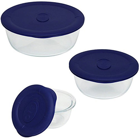 Pyrex Pro 6 Piece Round Value Pack, Includes: 1.7 Cup Mixing Bowls with Navy Plastic Covers (1), 5 Cup, and 12 CupMixing Bowls with Navy Plastic Covers