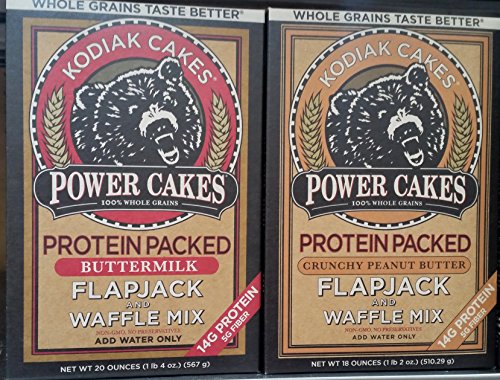 Kodiak Cakes Power Cakes Buttermilk Flapjack & Waffle Mix, 20 oz and 
Kodiak Power Cakes Crunchy Peanut Butter Flapjack & Waffle Mix, 18 oz