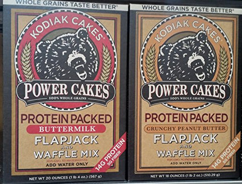 Kodiak Cakes Power Cakes Buttermilk Flapjack & Waffle Mix, 20 oz and 
Kodiak Power Cakes Crunchy Peanut Butter Flapjack & Waffle Mix, 18 oz