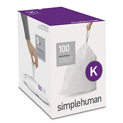 simplehuman Code K Custom Fit Drawstring Trash Bags, 35-45 Liter / 9-12 Gallon, White, 100 Count