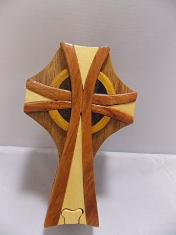 Wood Intarsia Puzzle Boxes, Celtic Cross, 5.5 inches x 3.5 inches x 2 inches