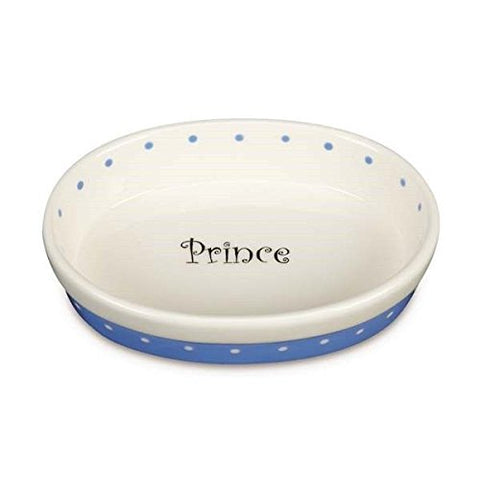 50's Style Ceramic Polka Dot Dishes for Dogs & Cats Prince Princess Food Bowls(6 Inch Blue Oval Cat Dish)