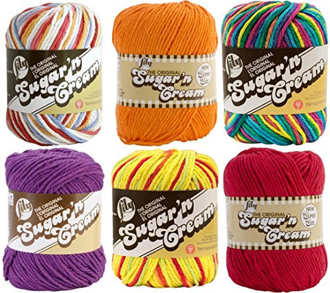 Lily Sugar'n Cream Solid Yarn Hot Orange 120 Yards 2.5 OZ, Lily Sugar'n Cream Solid Yarn Red 120 Yards 2.5 OZ, Lily Sugar'n Cream Solid Yarn Black Currant 120 Yards 2.5 OZ, Lily Sugar'n Cream Yarn - Ombre Peace 95 Yards 2 OZ, Lily Sugar'n Cream Yarn - Omb