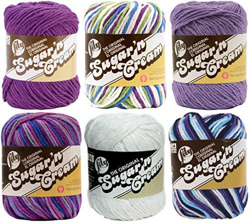 Lily Sugar'n Cream Solid Yarn Hot Purple 120 Yards 2.5 OZ, Lily Sugar'n Cream Solid Yarn Black Currant 120 Yards 2.5 OZ, Lily Sugar'n Cream Solid Yarn White 120 Yards 2.5 OZ, Lily Sugar'n Cream Yarn - Ombre Jewels 95 Yards 2 OZ, Lily Sugar'n Cream Yarn -